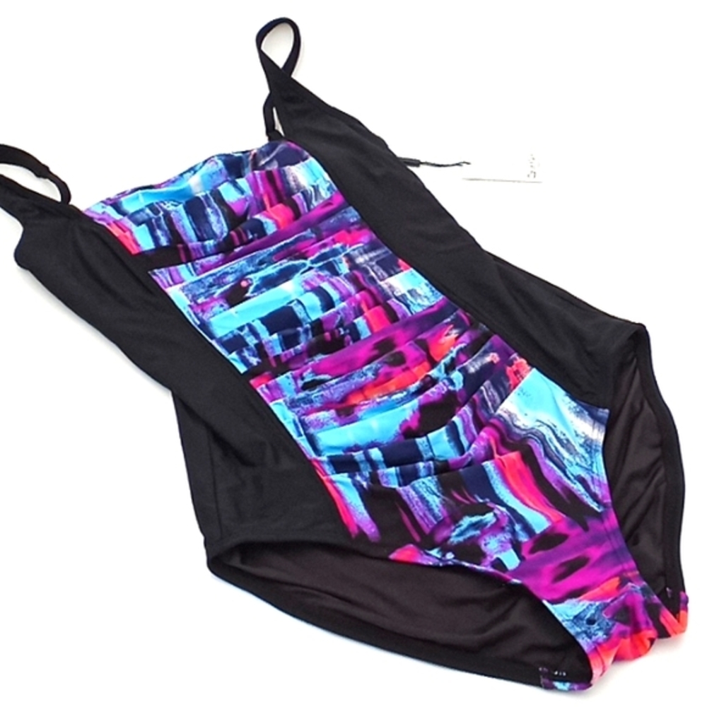 Calvin Klein Tummy Control Pleated One Piece‎ Swimsuit Multi Monet Black 6